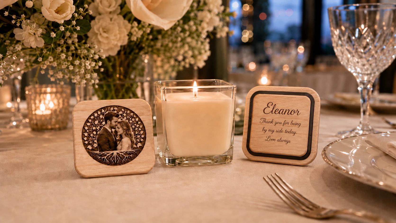 A maple lid engraved with delicate florals and a guest's name, set at a candlelit wedding place setting